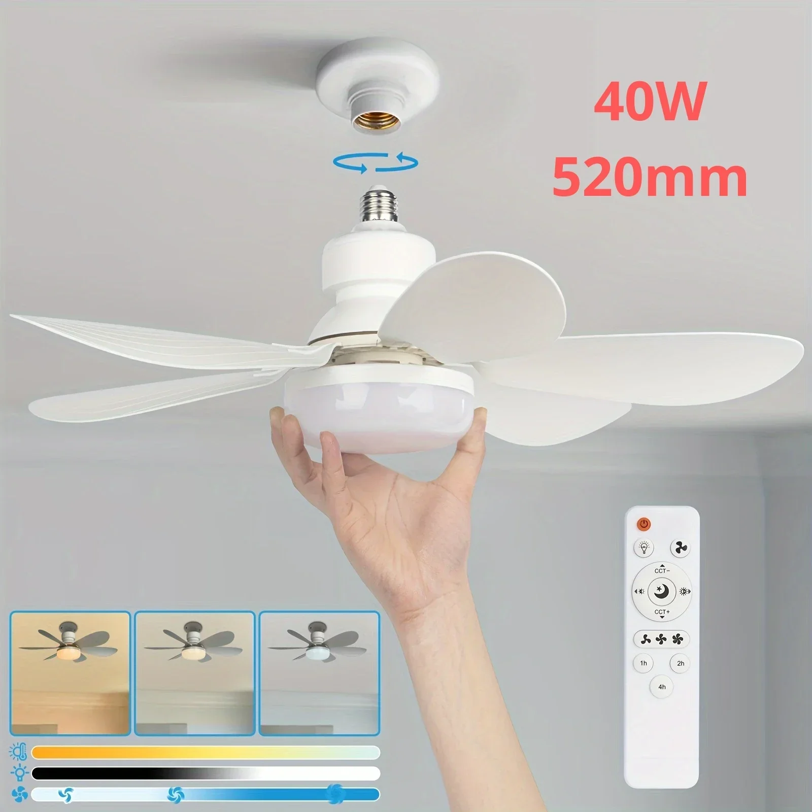 

Socket Fan Light with Remote, 20.5in Small Ceiling Fan with LED, E26/27 Cordless Light Screw Fan for Kitchen Bedroom, Small Room