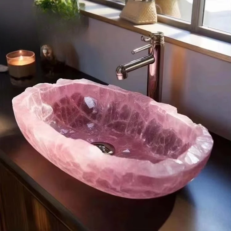 Handmade luxury gemstone rose quartz bathroom decorative washbasin rose quartz bowl washing