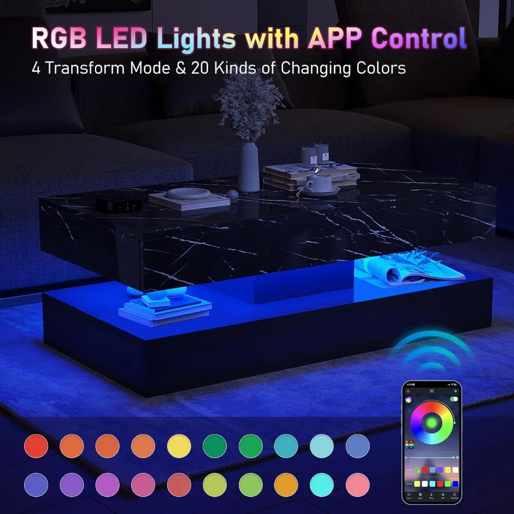 LED coffee table with 2 storage drawers with 20 colors of LED lights, 2nd floor rectangular living room center table, black