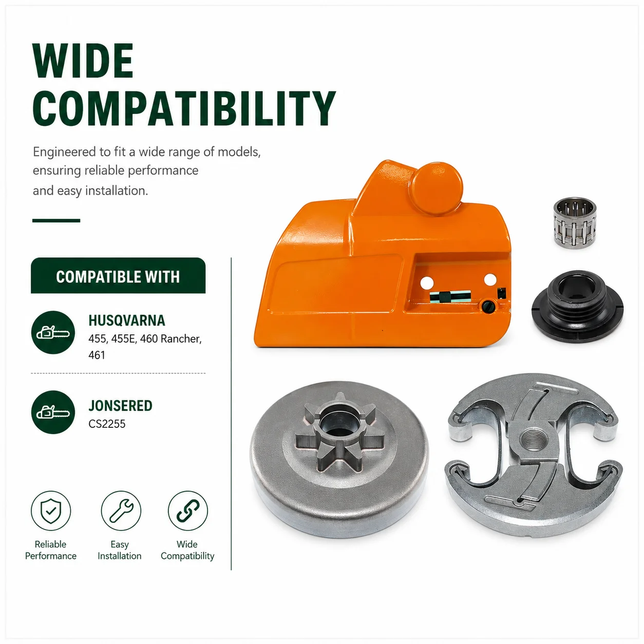 Clutch Cover for Husqvarna 455 460 Rancher 461 Jonsered CS2255, Clutch Drum Worm Gear Bearing, Replace 537110503 537286301 view 3