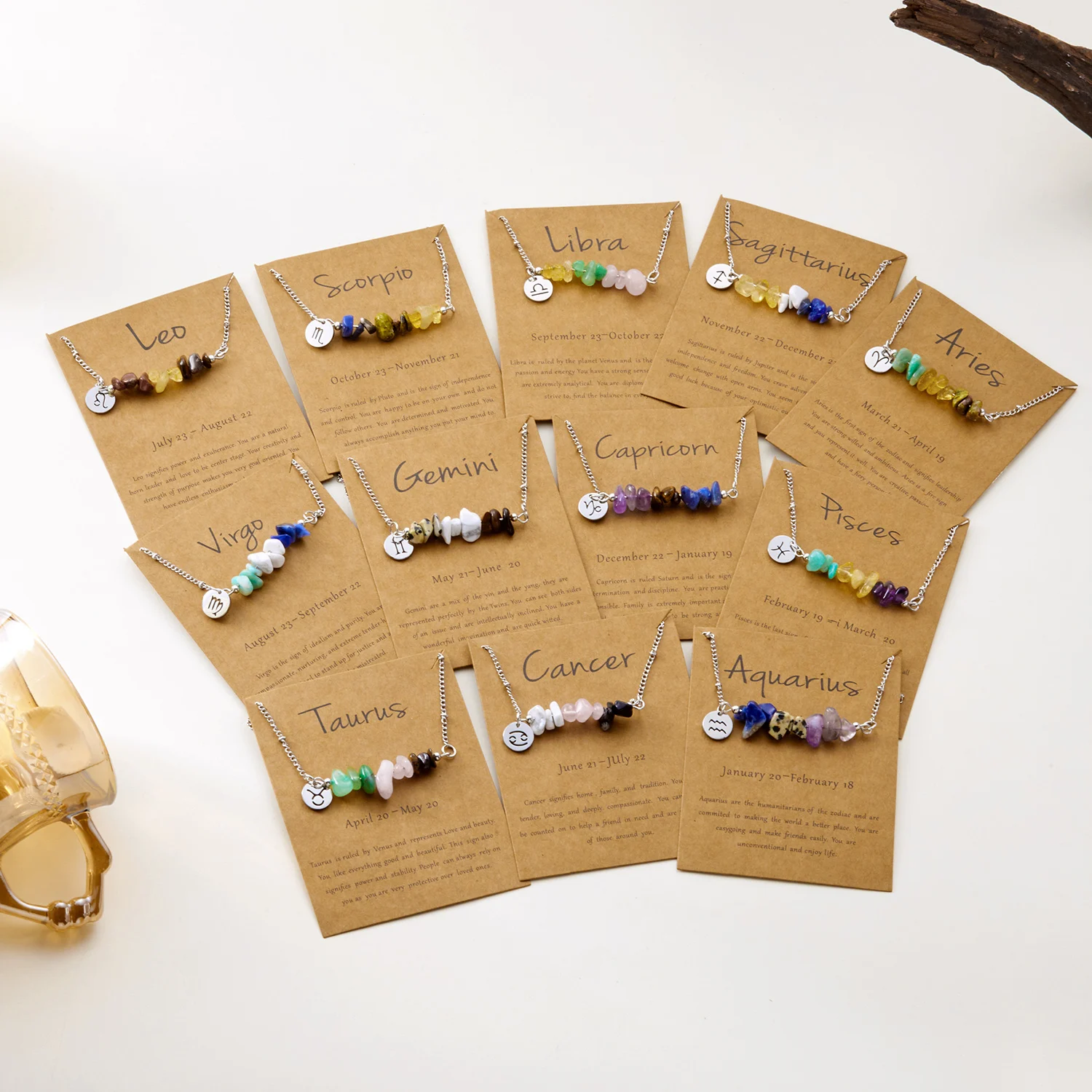 12 كوكبة الحجر الطبيعي قلادة الفولاذ المقاوم للصدأ عقد قصير للنساء الرجال زودياك تسجيل غير النظامية الحصى المختنق سلسلة #3