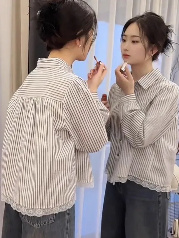 

Женская свободная посадка в полоску с кружевной отделкой, осенняя одежда большого размера в Корейском стиле, High End Feeling Long Sve Button up Casual irt