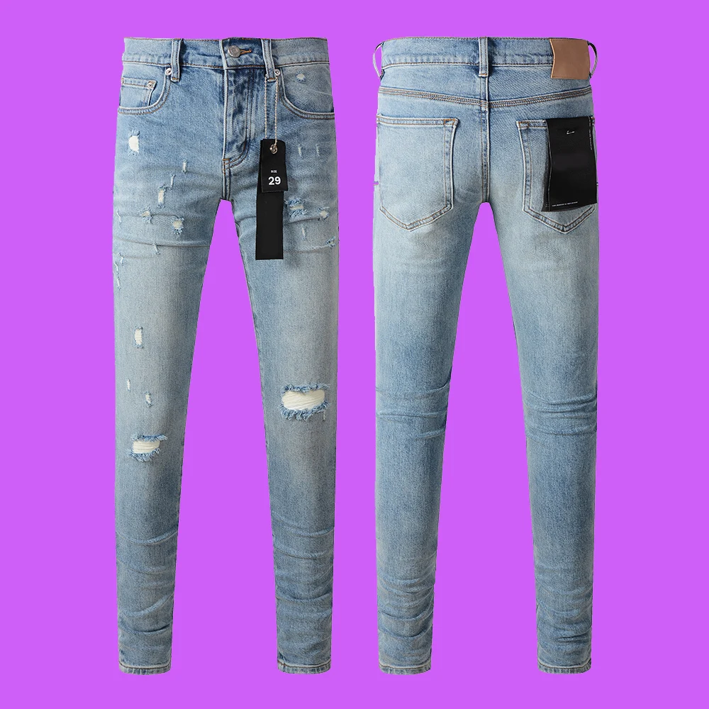 

New Purple ROCA Jeans brand Resin Knee Slit Low Rise Skinny Men Jeans American High Street New Fashion Trend Jeans Man pants