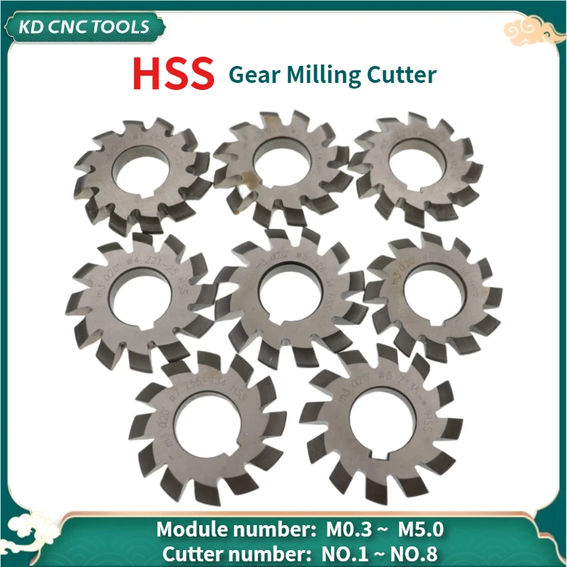 

8PCS M0.3/M0.4/M0.5/M0.6/M0.7/M1/M1.25/M1.5/M2/M3/M4 Modulus PA20 degrees NO.1-NO.8 HSS Gear Milling cutter Gear cutting tools