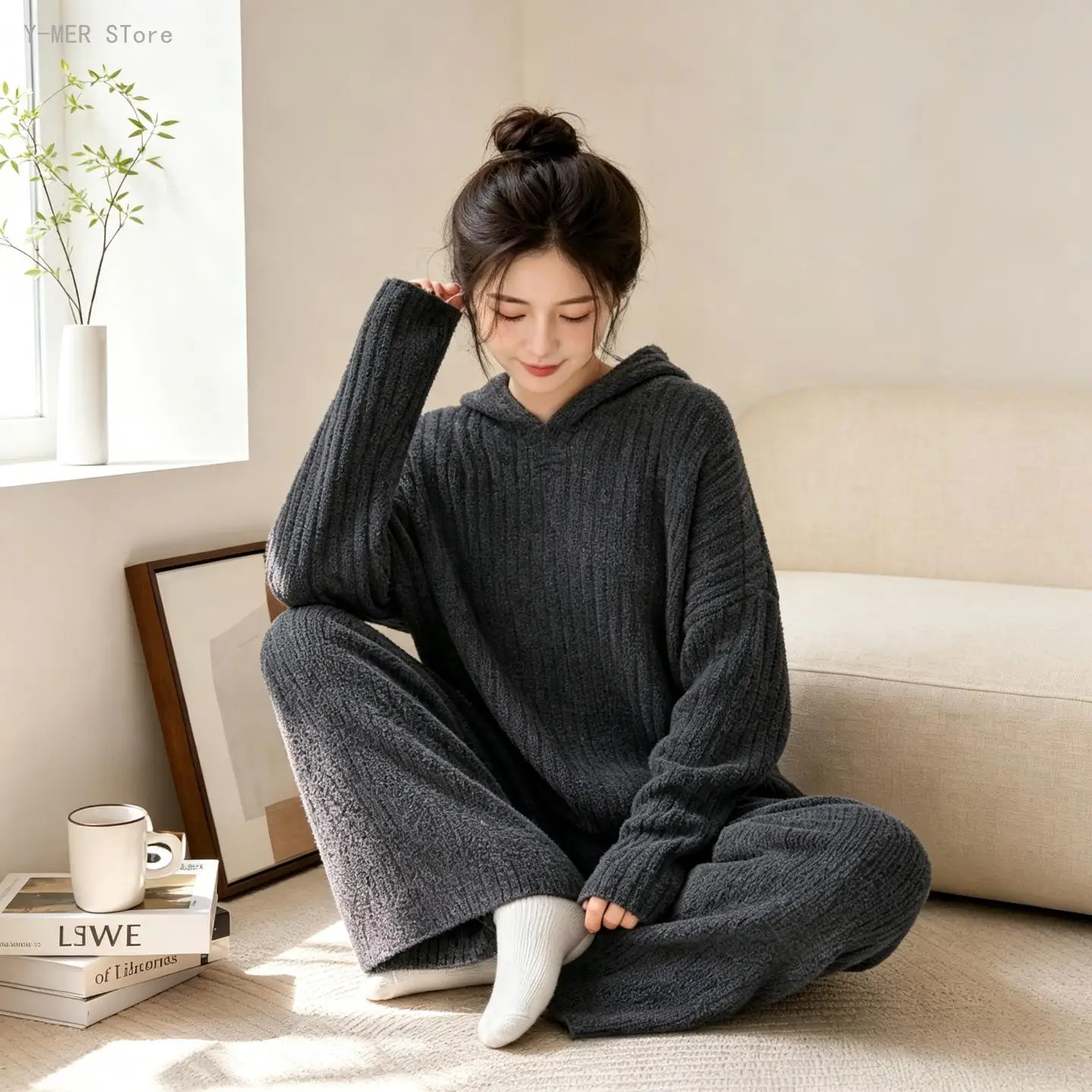 Women Korean Lazy Style Hooded Half Velvet Pajama Set Soft Vertical Texture Loose Wearable Outside Autumn Winter Sleepwear