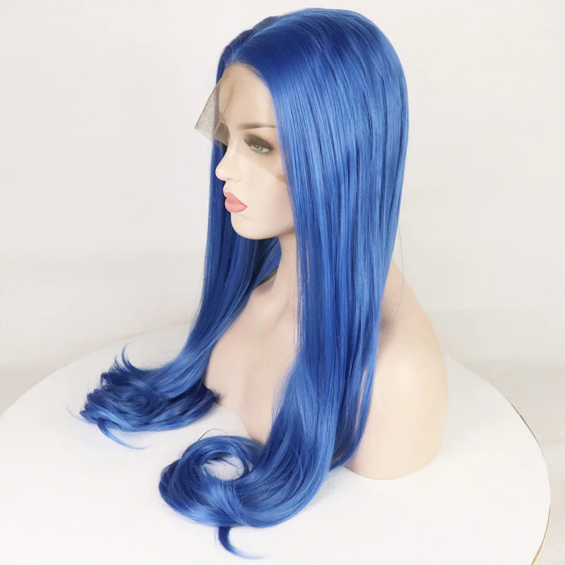 Perruque Lace Front Wig synthétique sans colle pour femmes, 26 pouces, bleue, lisse, douce et longue, densité 180%, avec Baby Hair, préplumée 03/