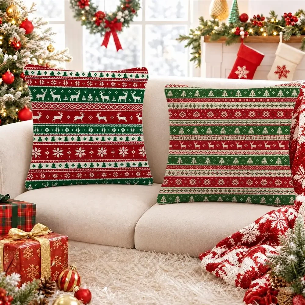 istmas Plaid Reindeer Scatter  Cushion Cover Short Plush Pillowcase, Sofa Bedroom Home Decor & Holiday Gift