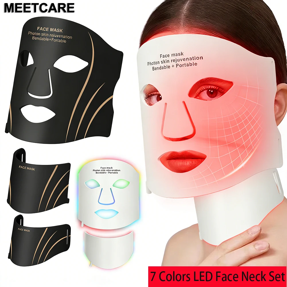 Máscara Facial e de Pescoço LED de 7 Cores: Terapia de Luz Vermelha para Rejuvenescimento e Iluminação da Pele, Silicone Macio, Terapia de Fótons Flexível para Reparação da Pele