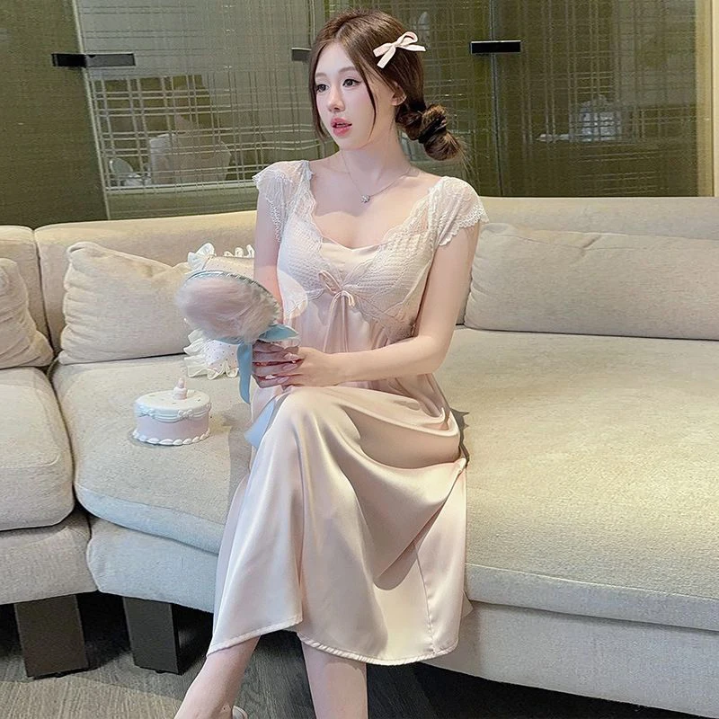 

2025 Summer Short Sleeve Sexy Lace V-neck Lingerie Silk Satin Nightgowns for Women Sleepwear Night Dress Nightdress Home Nighty