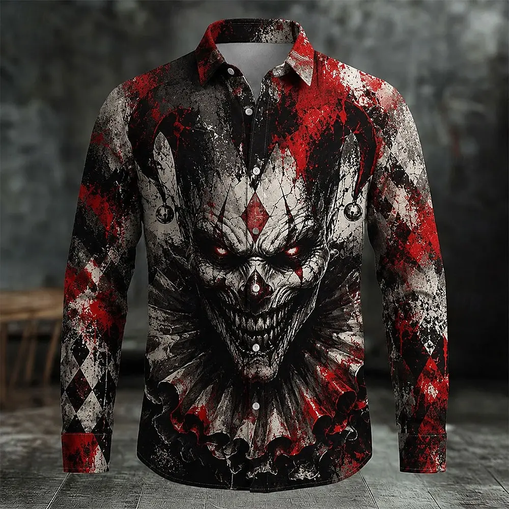 Halloween Men's Creepy Clown Casual Shirt Long Sleeve Horror Dark Casual Streetwear Carnival Spring Fall Turndown Button Up