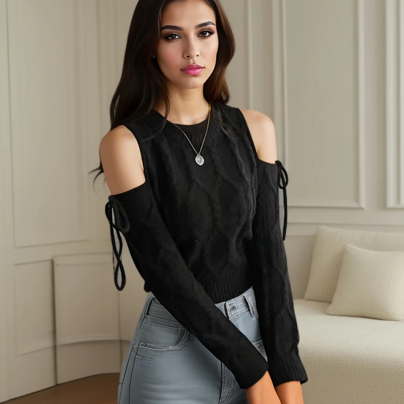 

Новая осенне-зимняя женская одежда, женский свитер с длинными рукавами и открытыми плечами, модные бретели, элегантный тонкий повседневный трикотаж