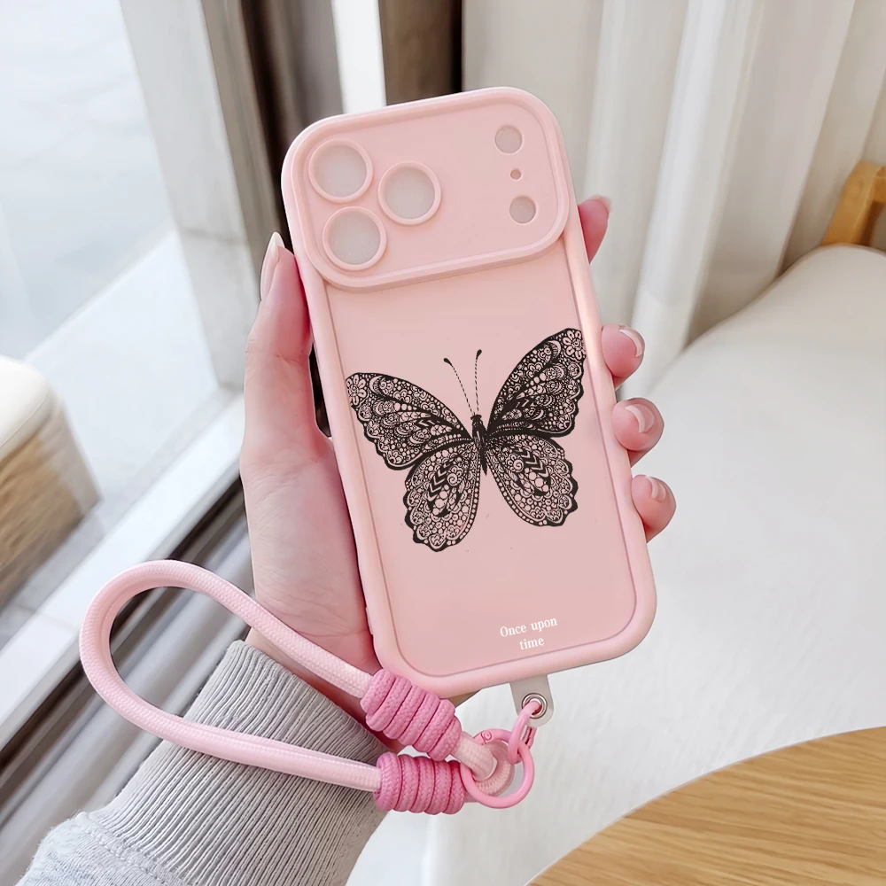 Handyhülle für iPhone 12 13 14 15 16 17 Pro Max 16 15 14 Pro Plus 17E Spitzen-Schmetterling-Lanyard Stoßfeste Matte Silikon-TPU-Hülle – Detail 1