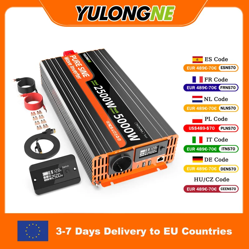 YULONGNE przetwornica 12 V na 230 V 2500 W czysta sinusoida
