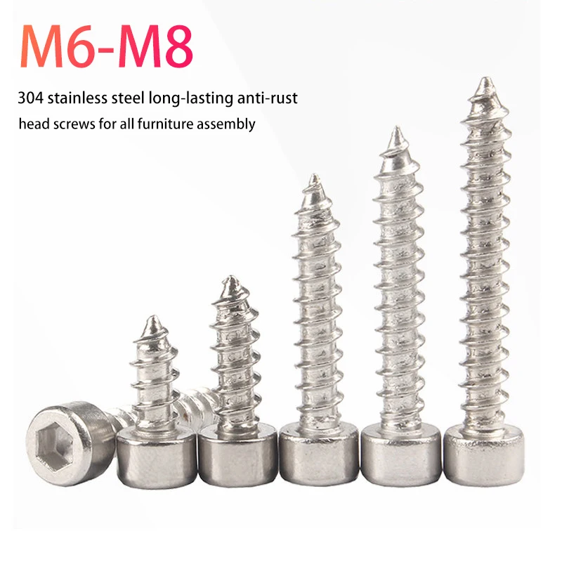 Anti-Rust 304 Stainless Steel Sharp Tip Hex Socket Cylinder Tapping Screws, Cup Head Self Tapping Bolts M6 M8 Furniture Fittings