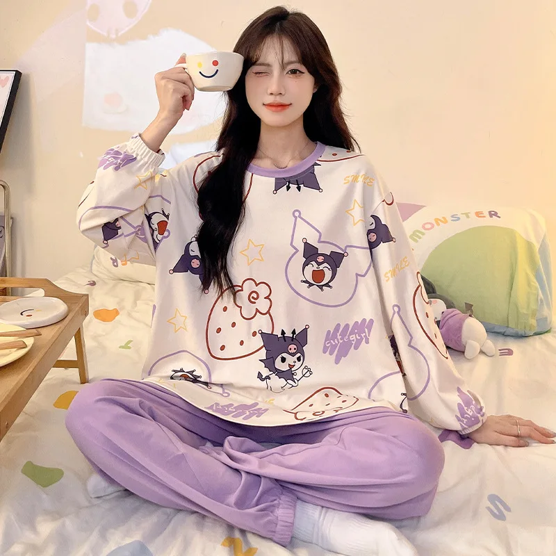 Cartoon Sanrio Yugui Dog Pajamas Autumn Crew Neck Cotton Long Sleeve Pants Two-piece Women\'s Pajamas Strawberry Bear Loungewear