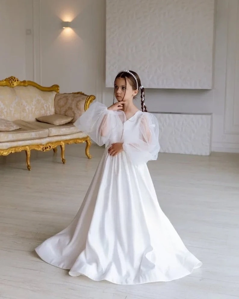 Satin Flower Girl Dress with Bow Tulle Wedding Dresses Junior Bridesmaid Toddler Ivory Girl Princess Pageant Dresses for Girls