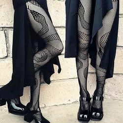 Harajuku Sexy Black Tights Snake Jacquard Patterned Fishnet Stockings Plus Size See Through Mesh Pantyhose Leggings Hosiery