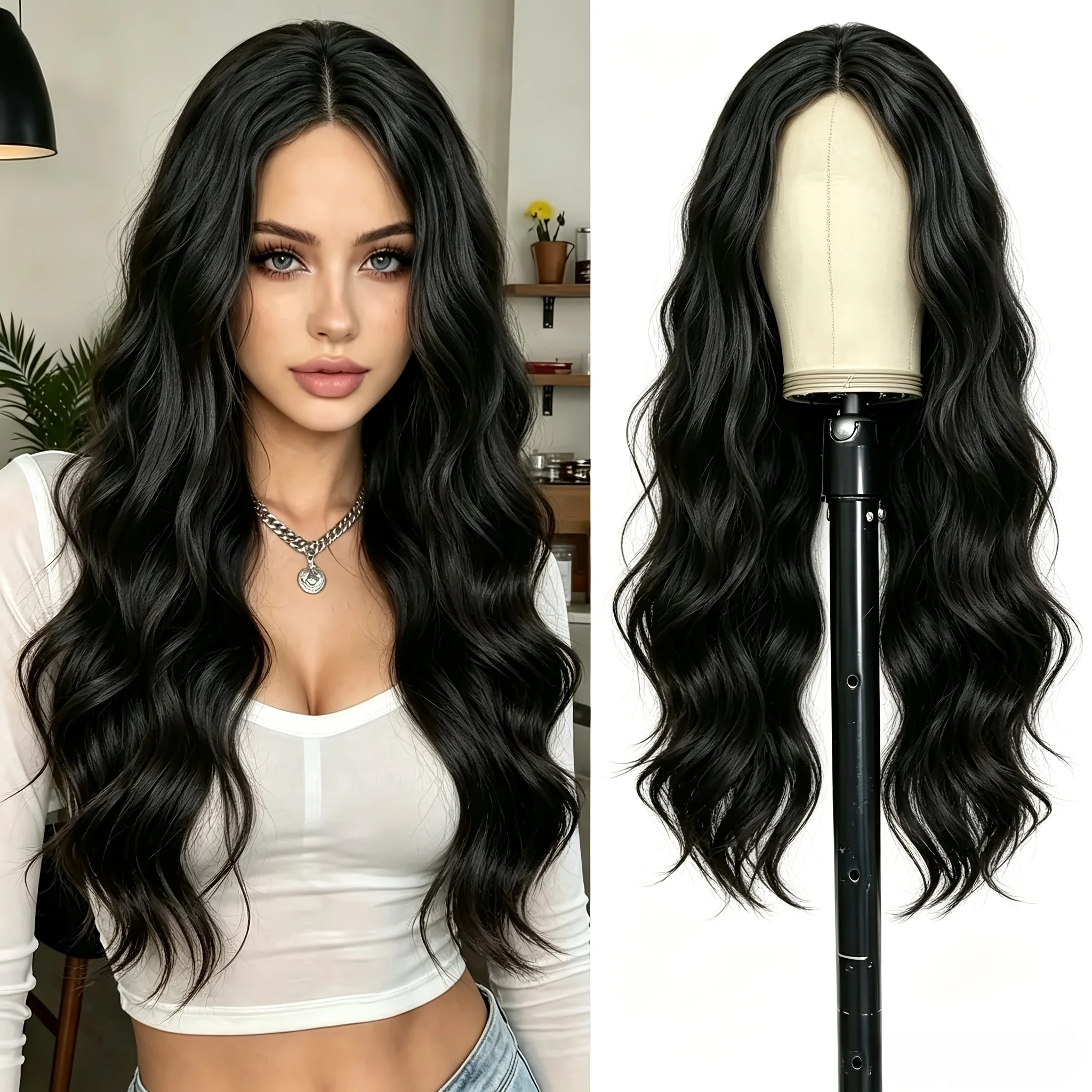 24 inches 60 cm natural black long curly hair women's wig, medium wavy curly hair natural seam