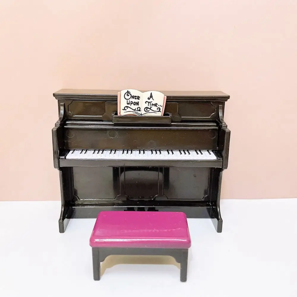 Mini Piano de cauda de madeira com tamborete, Dollhouse Miniature Acessórios, Instrumento Musical, Model Toy, Doll House Decor, Simulação, 1:12