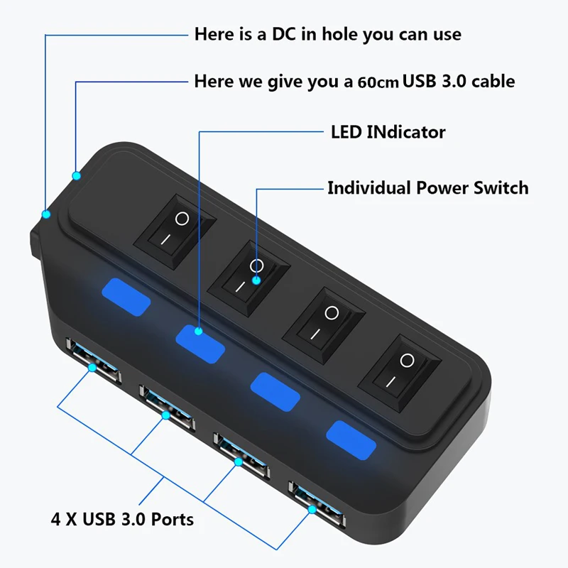 4 포트 USB 3.0 허브 5Gbps 고속 확장기 PC 컴퓨터 노트북 액세서리 용 LED 램프가있는 멀티 USB 분배기 어댑터