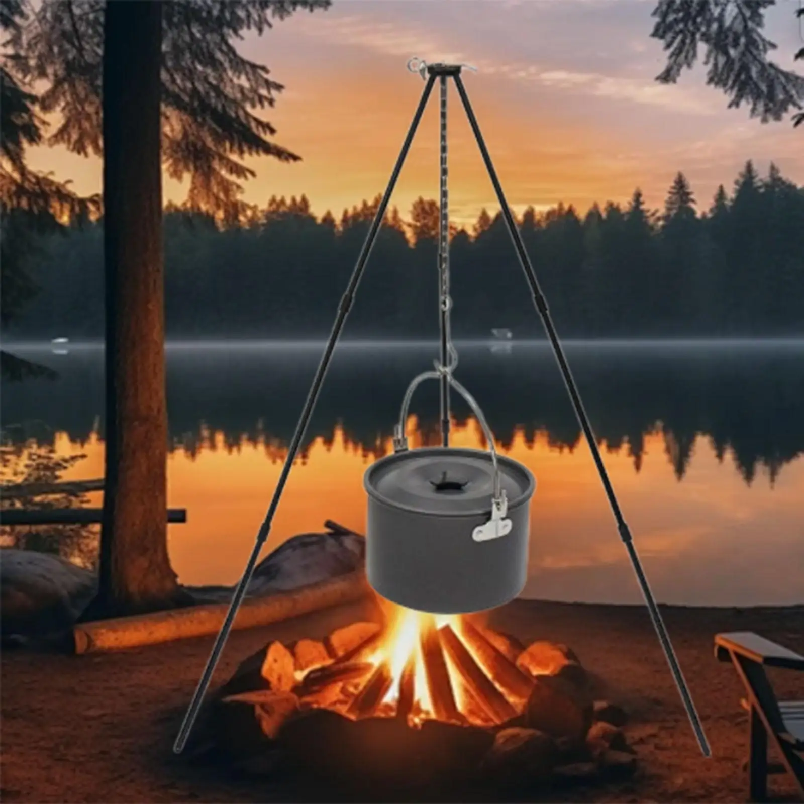 lightweight camping tripod with wide base for picnic, bbq, and campfire cooking