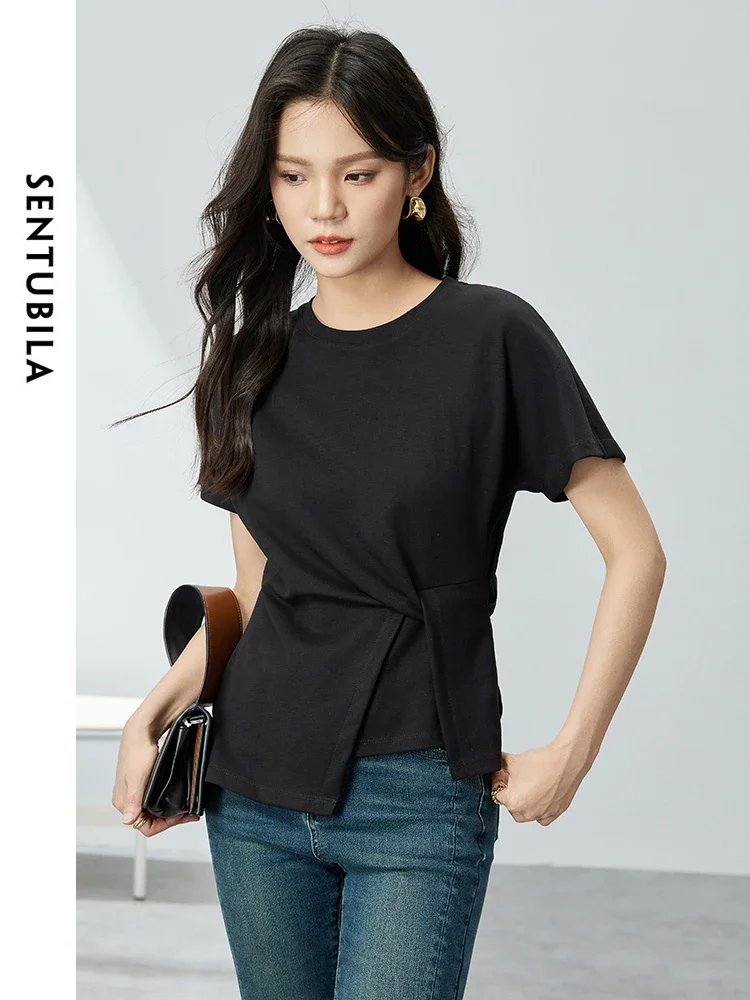 SENTUBILA Casual Knit Cotton T-shirt for Women 2024 Summer Straight Round Neck Short Sleeve Asymmetric Simple Tees 142T54736