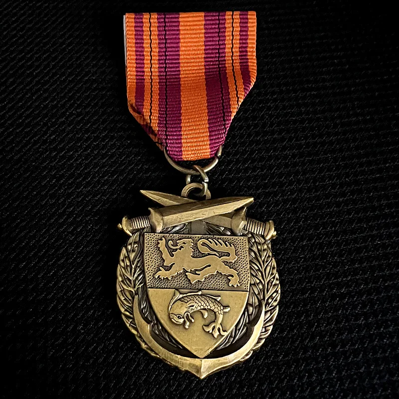 

Lion and Fish Shield Medal - Premium Collectible with Orange and Purple Ribbon