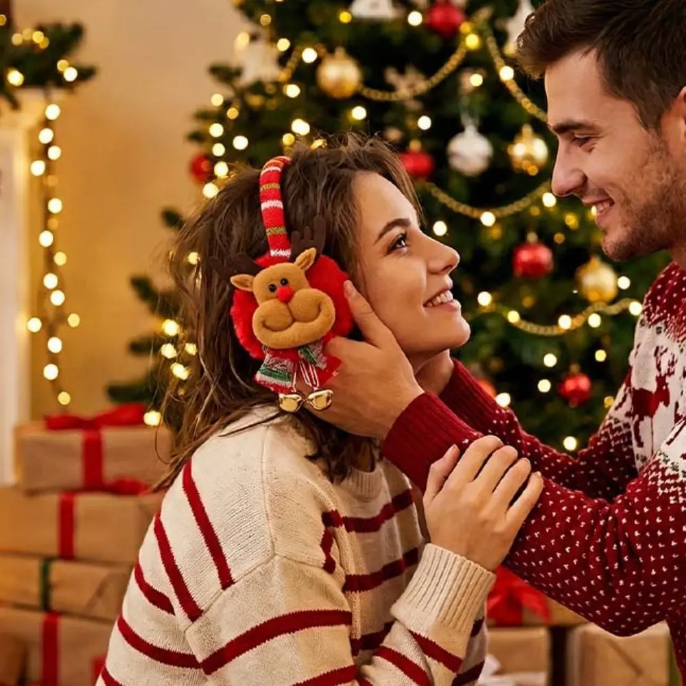 Soft Fabric Christmas Earmuff Sequin Detail Bright Red Cartoon Santa Headband Lightweight Fit Thick Padding