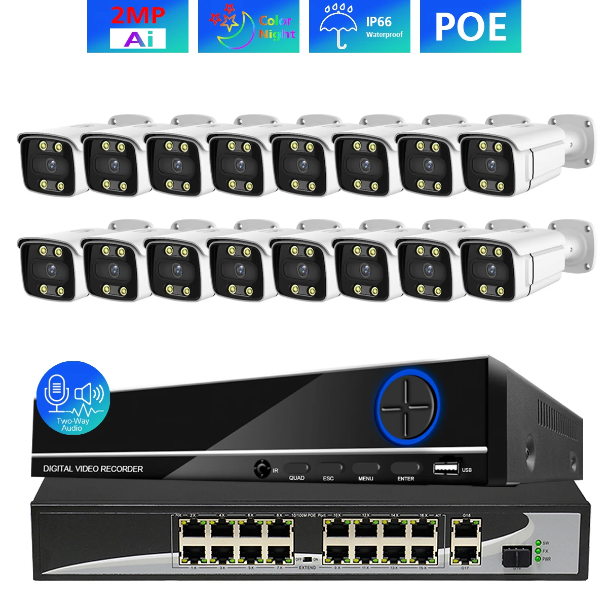 

TOPROHOMIE H.265+ 16CH 4K HDMI NVR 2MP Ai Color Night Waterproof IP Camera POE kit 1080P Two Way Audio Security Camera System