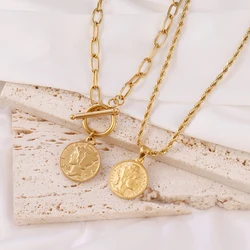 316L Stainless Steel Carved Queen Coin Pendant Necklace For Women Fashion Gold Color Chain Necklaces Jewelry