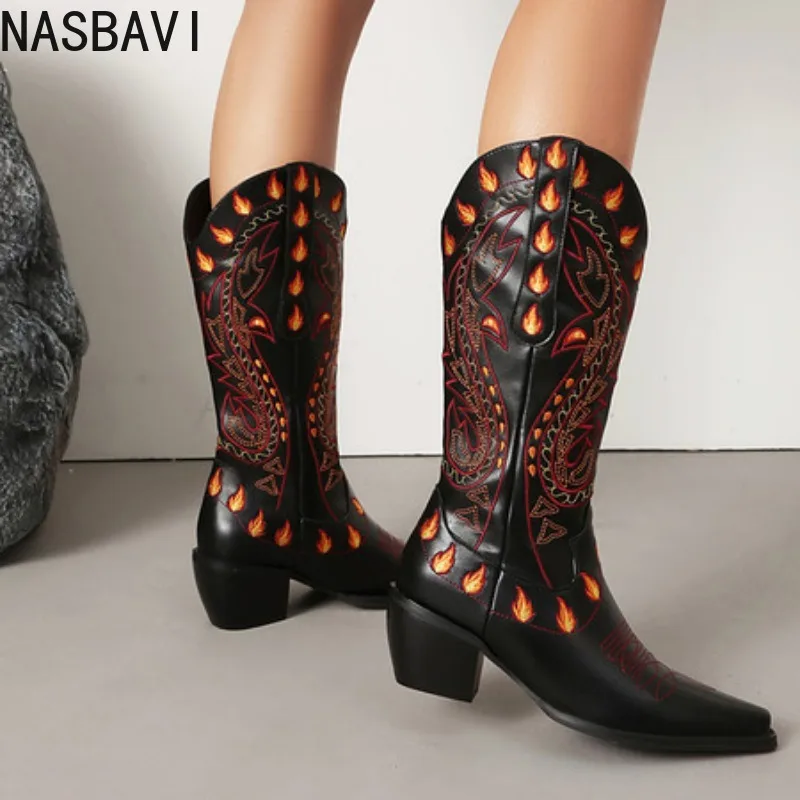 

Cowboy Boots for Women Cowgirl Booties Mid Calf Western Country Square Toe Embroidery Chunky Stacked Heel Pull On Shoes