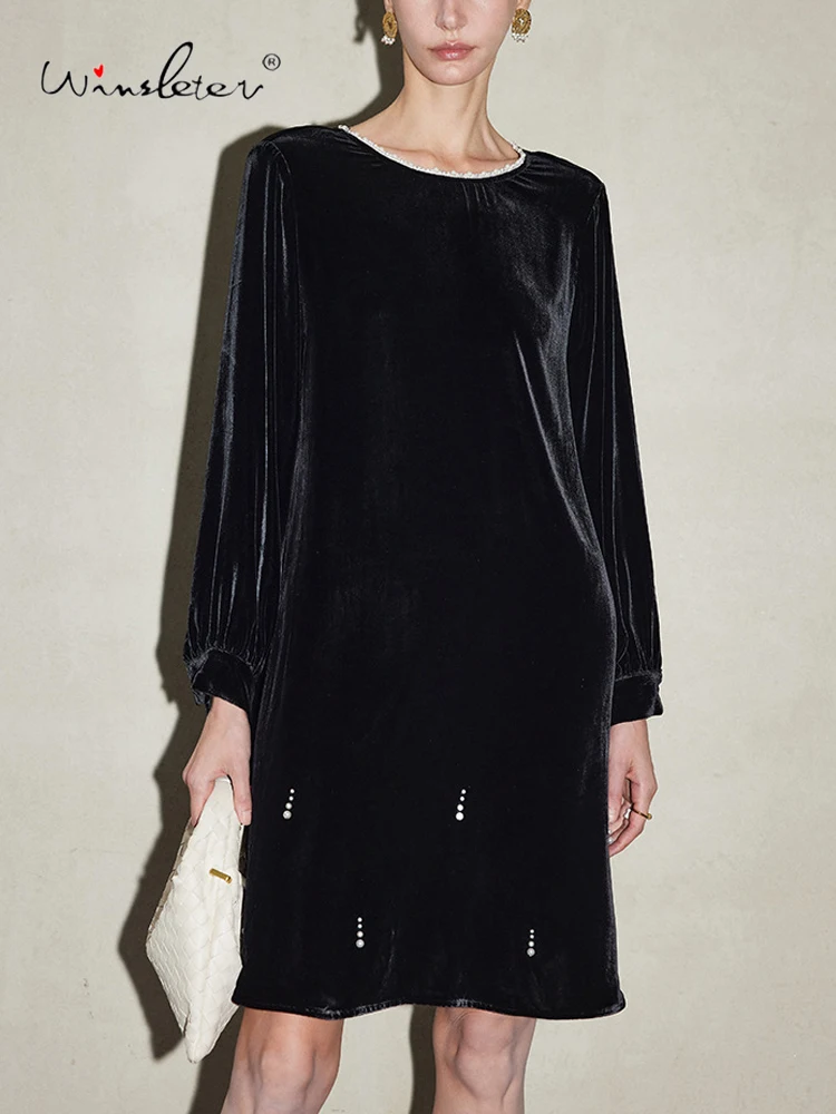 

Winsleter-Bottom 100%Real Silk Elegant Velvet Dress, O Neck Diamond, Women Back Bow Retro Party Dresses, 2026 Spring D62409CC