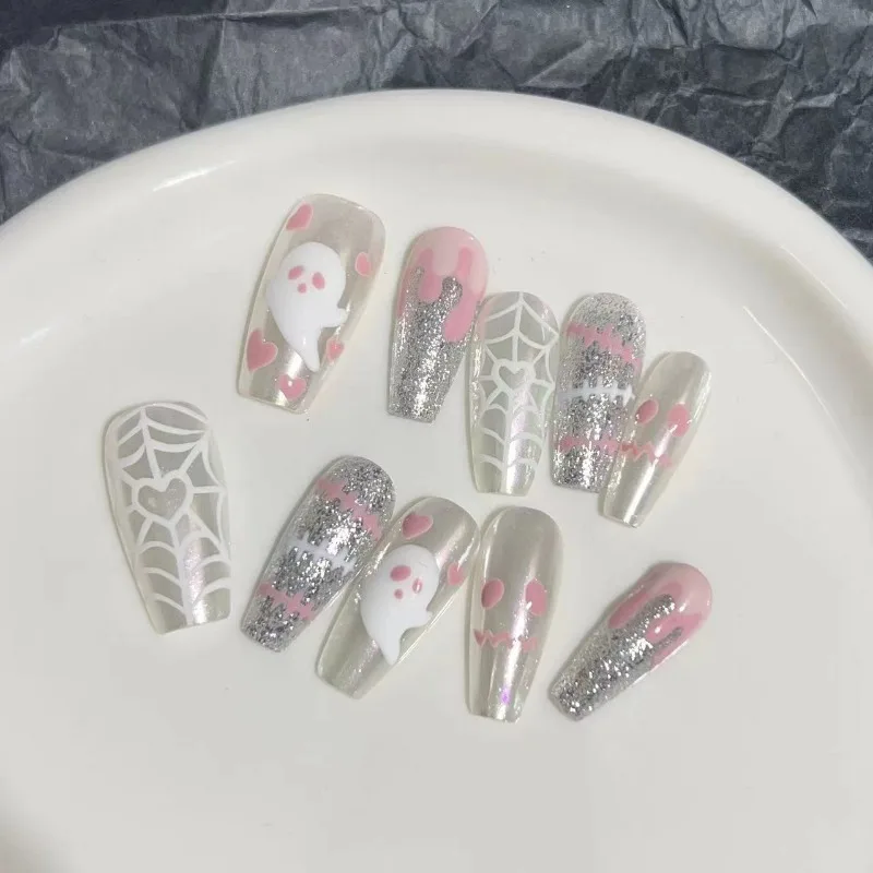 Removível cobertura completa unhas falsas, remendo artesanal DIY, desenhos animados bonitos, Dia das Bruxas, fantasma mágico, unhas postiças, pressione em unhas, 10pcs, conjunto