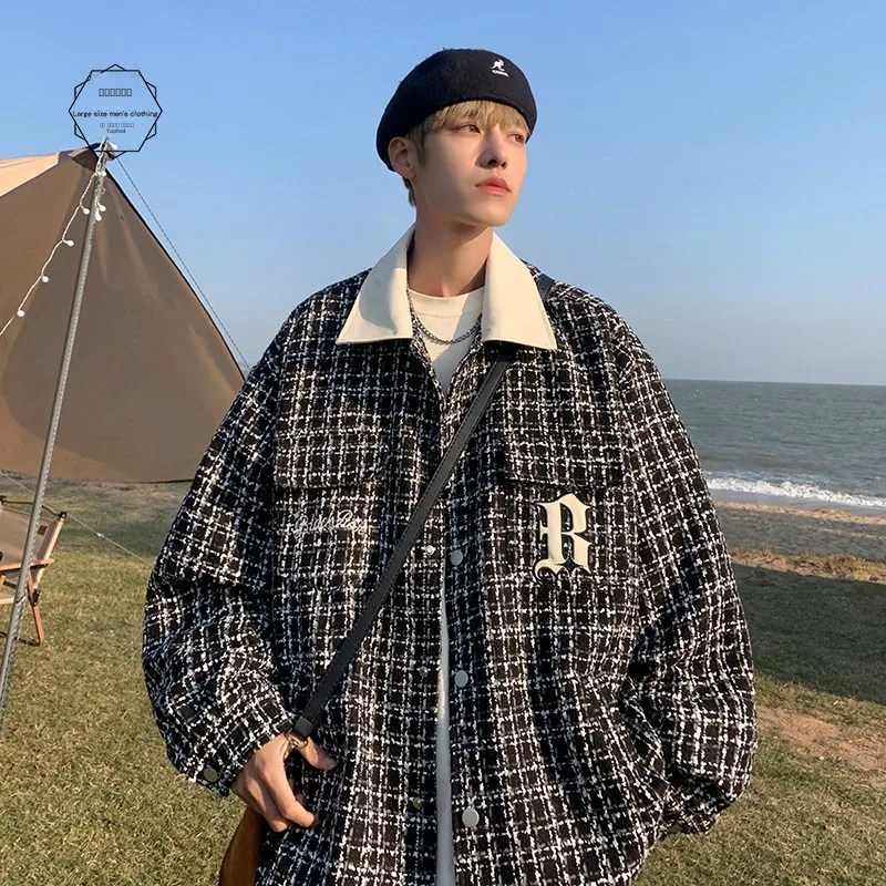 

Bla White Plaid Baroque Sle Men's Jaet Spring Faion Luxury Workwear Collared Coat Youth Trend Polyester Fiber