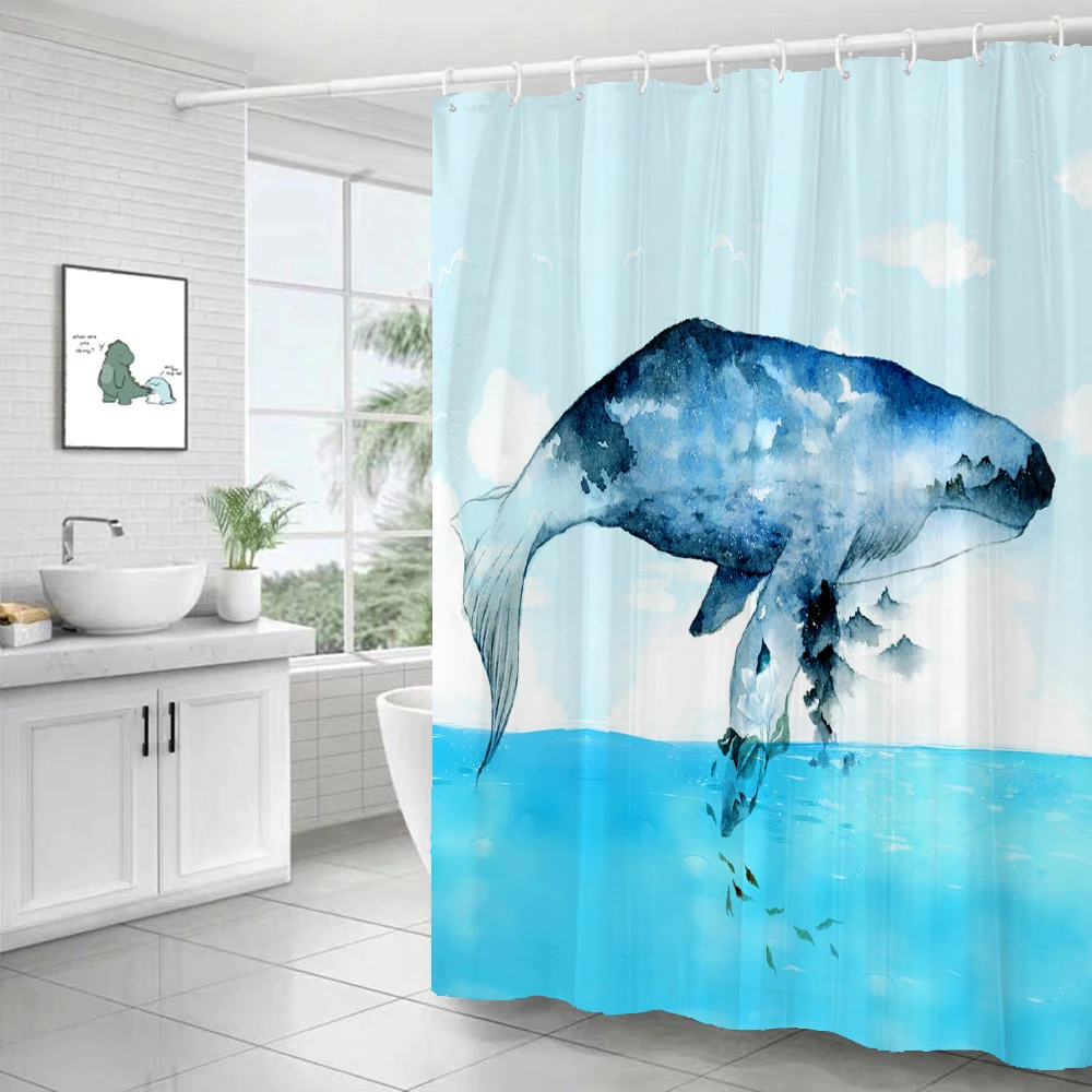 

Watercolor whale Print Shower Curtains Seabed World Bathroom Waterproof Polyester Dark Blue Bath Curtain Home Decor with Hooks
