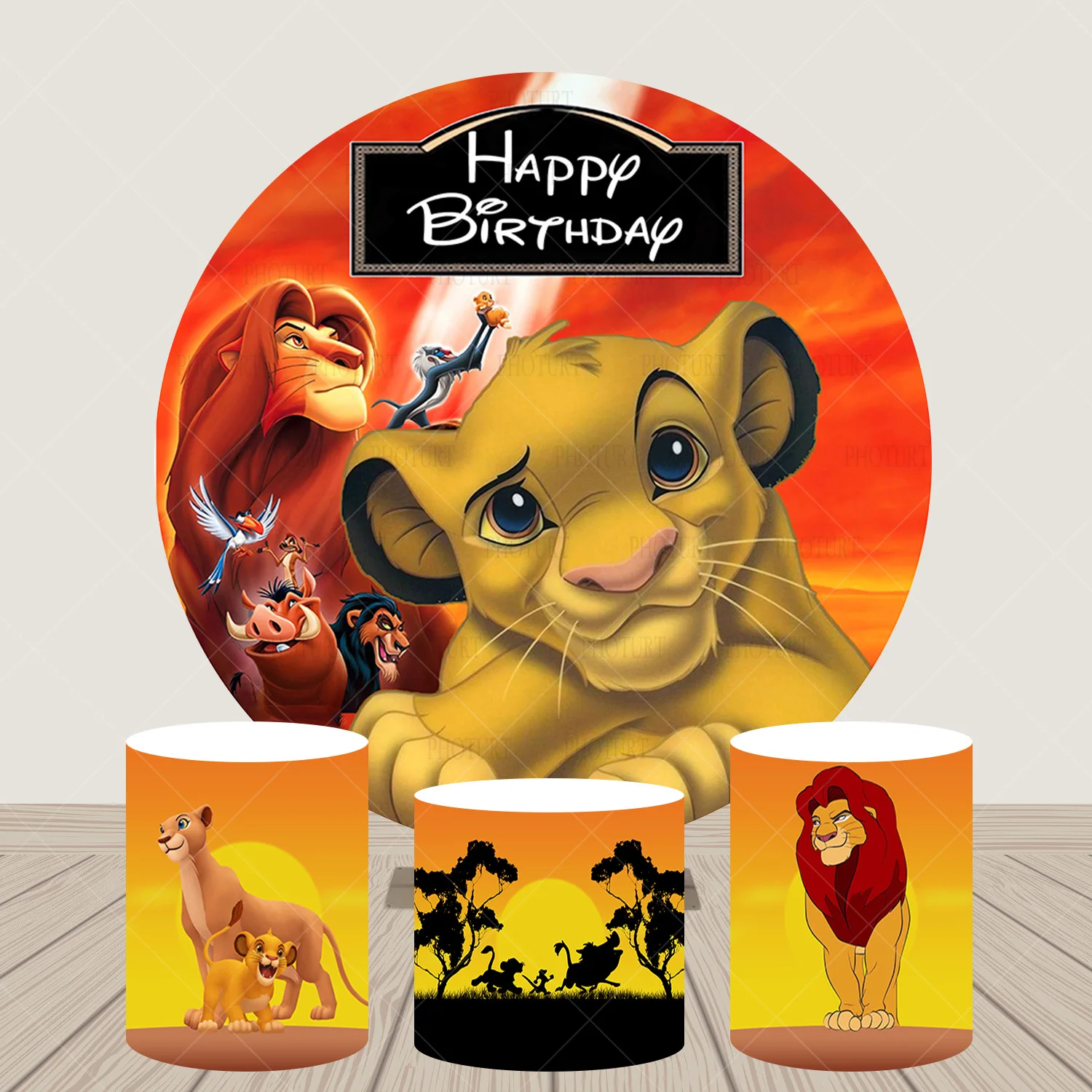 Round the Lion King Simba Backdrop Kids Birthday Background Dark Yellow Sunset Circle Cylinder Surface Banner Decoration Props