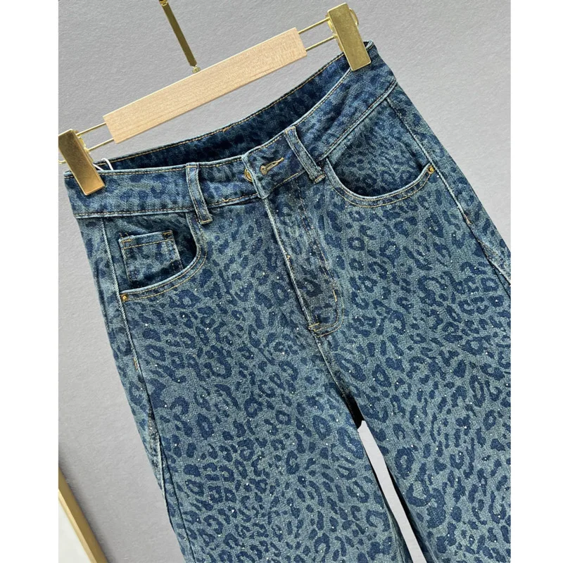 [EWQ] Streetwear Wysoka talia Leopard Print Denim Spodnie z szerokimi nogawkami Diamenty Design Moda Długie spodnie jeansowe 2024 Jesień 16O1855