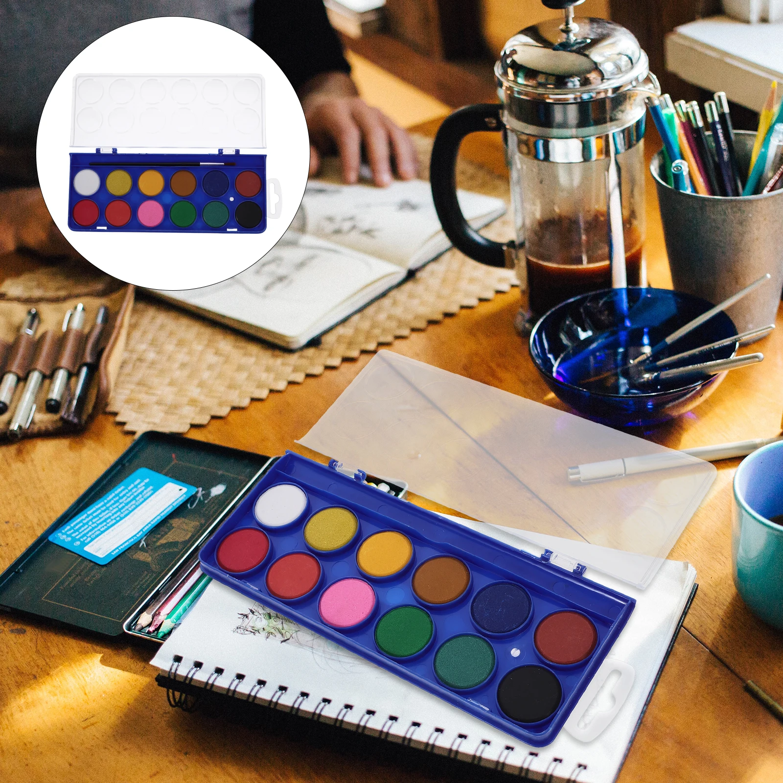 

12 Colors Solid Watercolor Pigment Paint Set Vibrant Blendable Semi-Moist Formula With Brush Study Box Mixing Tray For Outdoor