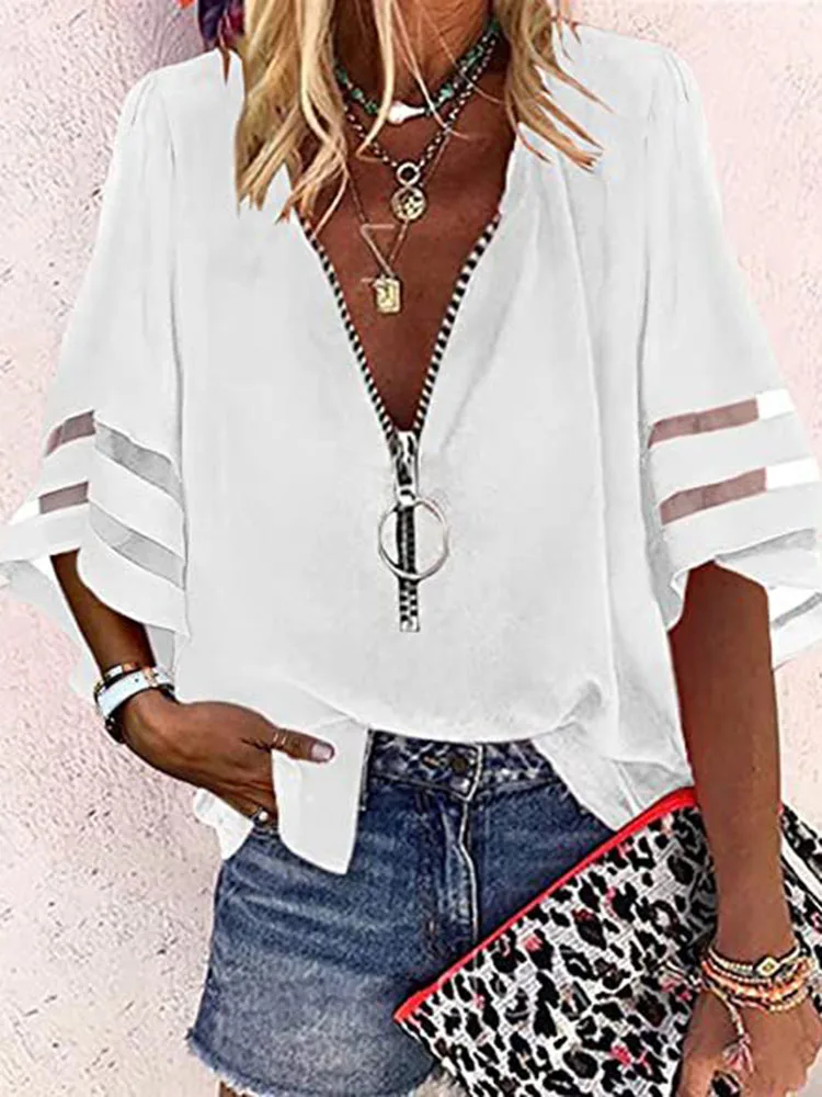 Summer Shirt Elegant Women Lace Patchwork Flared Sleeve Mesh White Blouse Women Zipper V-Neck Loose Casual Tops Streetwear Femal