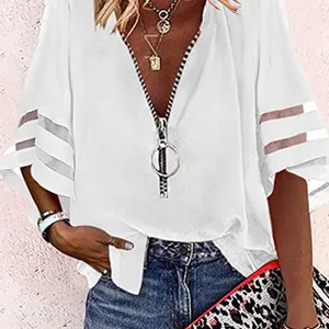 Elegante Patchwork -Spitzenbluse für Frauen, verbrannte Ärmel, weißes Netz, V -Neckline, lose Freizeittiete, Streetwear für Frauen, Sommer 12 Hauptverkaufsbluse Reißverschluss - №6