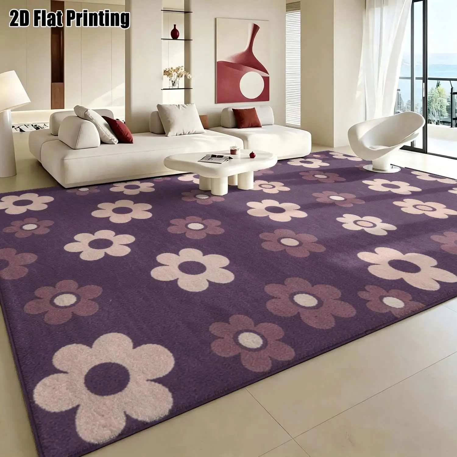 1Pc 2D Printed Retro Purple Flower Carpet: Nordic/Instagram/Modern Minimalist/European Style, Geometric Striped, Home Decor, Multi-Size, Machine Washable, for Entrance, Dining, Foyer, Bedroom, Living Room