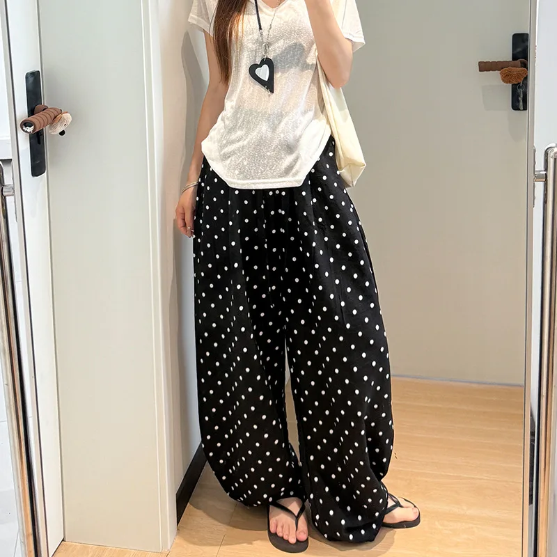 

XIZOU повседневные черные длинные брюки в горошек женские уличные шикарные широкие брюки с низкой талией осенние модные льняные свободные брюки осень 2023 г.