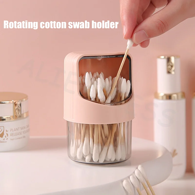 Dustproof Desktop Cotton Swab Storage Box Plastic Toothpick Storage Jar Transparent Cotton Swab Storage Box Rotating With Lid