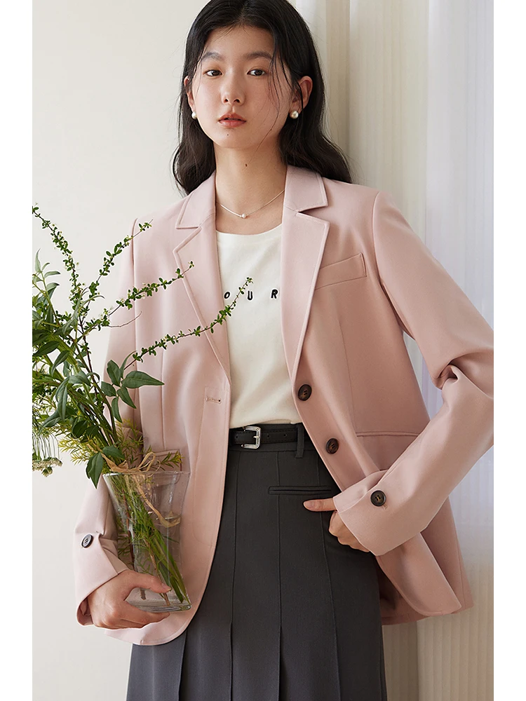 Ziqiao Kerfkraag Vrouwen Lente Nieuwe Roze Single Breasted Rechte Blazers Twill Blended Office Lady Blazer Jas 24zq91214