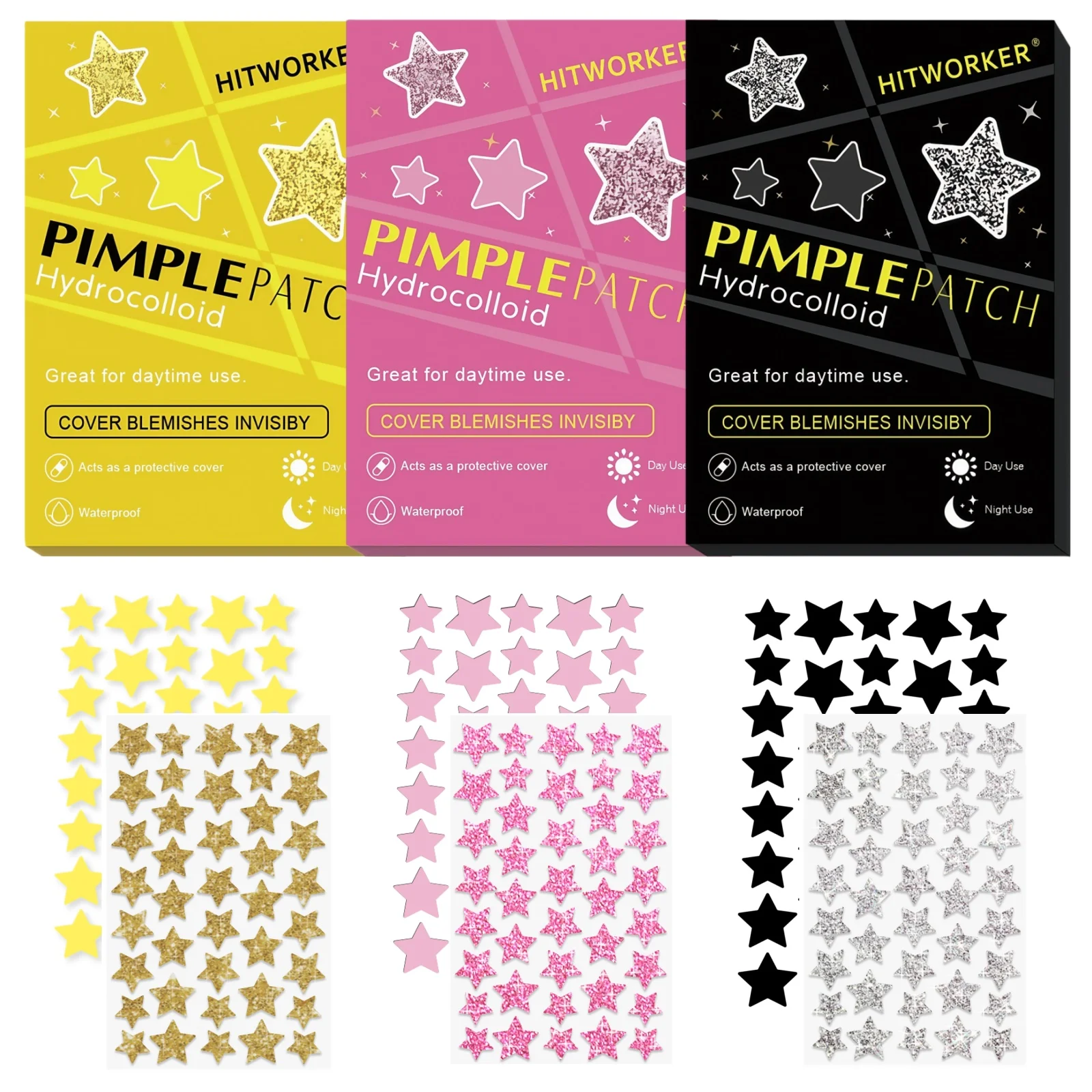 

HITWORKER® 80pcs Shining Star Hydrocolloid Pimple Patches – Black, Pink & Yellow, Waterproof Invisible Acne Stickers for Party &