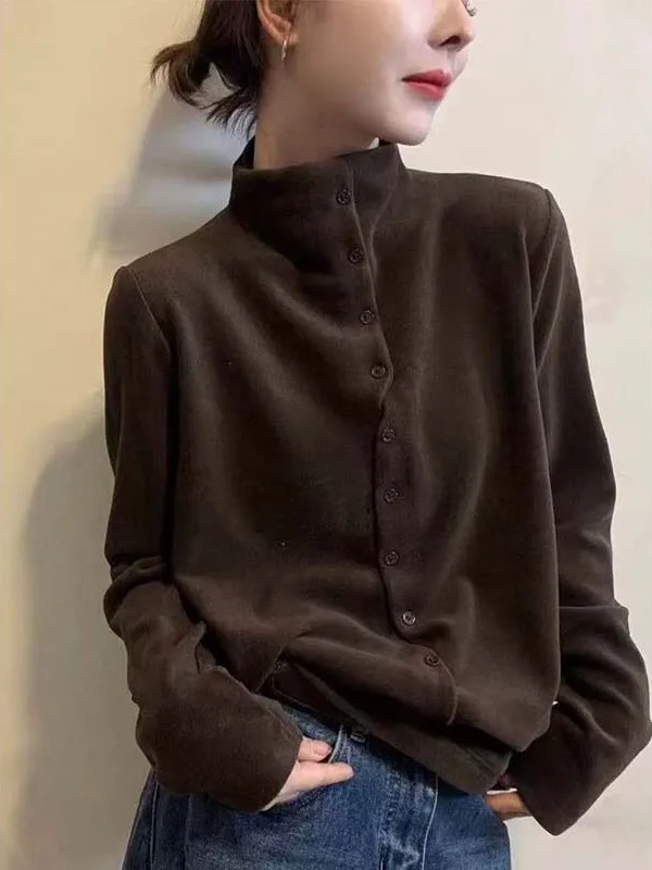 여성용 스탠드 칼라 긴팔 베이직 티셔츠 한국 패션 블라 V넥 풀오버 탑 다용도 가을 겨울...