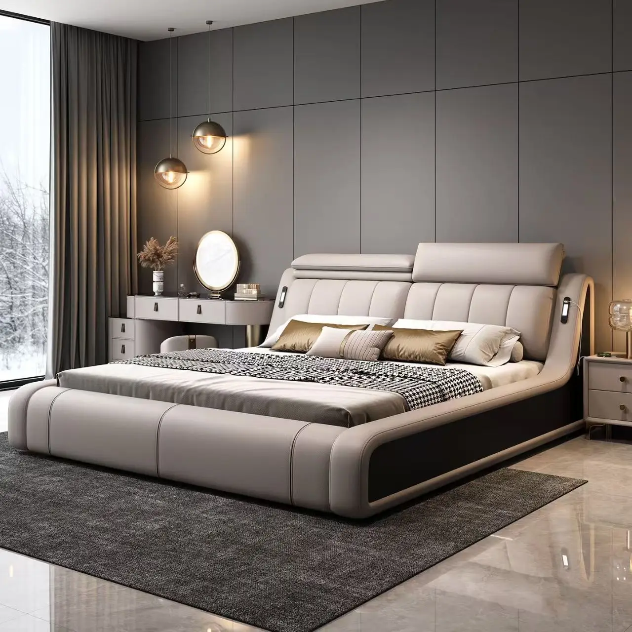 European Style Modern Leather King Size Soft Bed with Storage Convertible & Extendable Features Wooden Frame Bedroom Setpromote