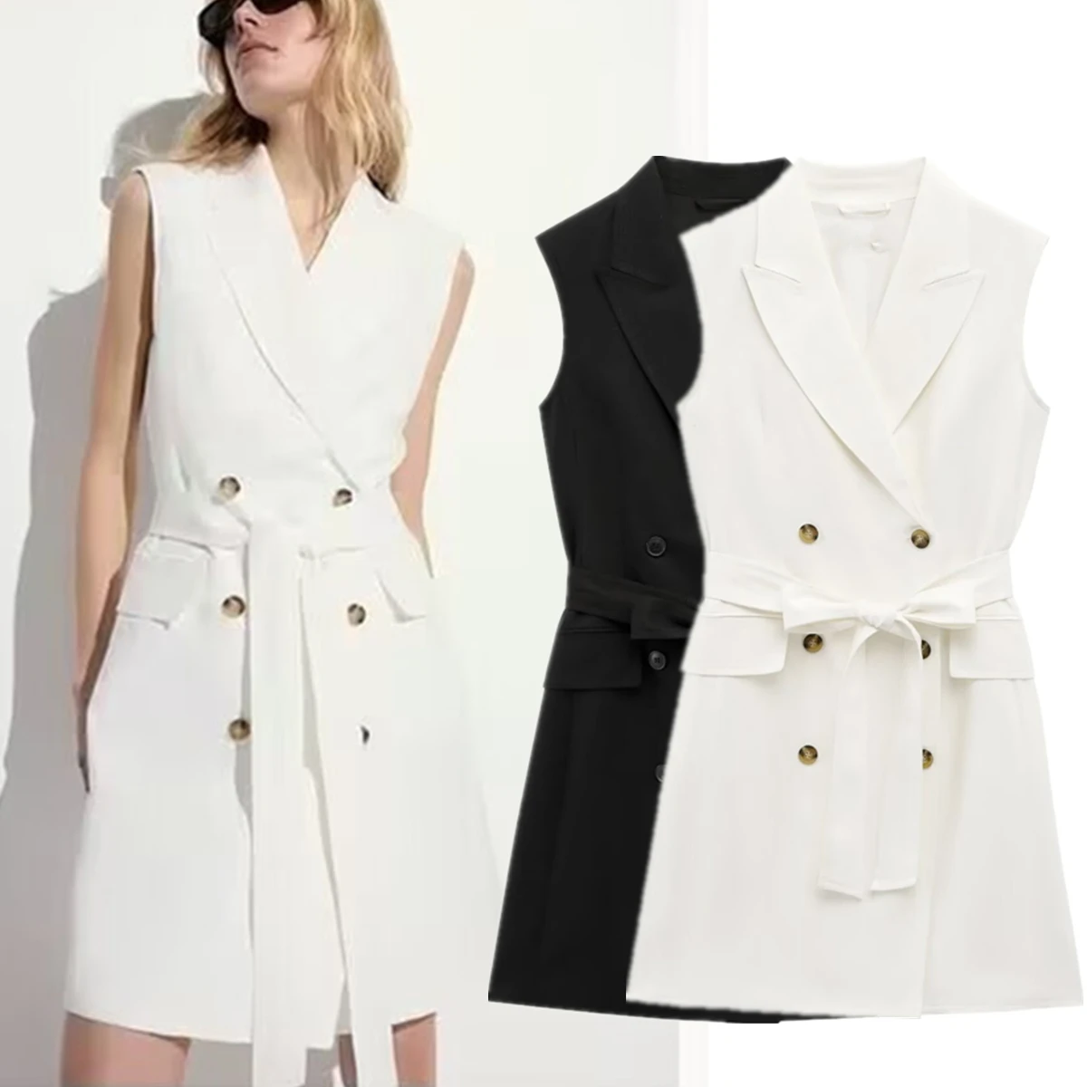 

Maxdutti Summer French Retro Double-breasted Sleeveless Tank Dress For Women Minimalist Women's Vest With Belt