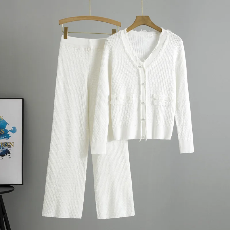 Fashion Solid Color Slim-fit Knitted Sweater Wide-leg Pants Two-piece Set