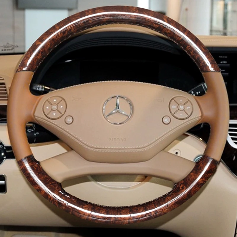 For Mercedes Benz CL-Class C216 S-Class W221 2009-2013 Hand-stitched peach wood grain genuine Leather Car Steering Wheel Cover